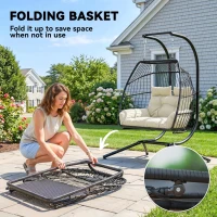 Outsunny Double Wicker Egg Swing Chair with Stand, Foldable Hanging Egg Chair with UV Resistant Cushion, Headrest, Cream White(m-7)