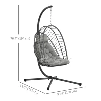 Outsunny Hanging Egg Chair with Stand, Foldable Wicker Rattan Swing Chair with Thick Cushion, Light Grey(m-3)
