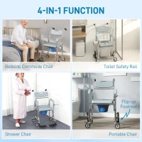 HOMCOM Rolling Shower Chair, Bedside Commode Chair with Wheels, Backrest, Arms, Flip Footrests for Seniors, Disabled, Grey(m-4)