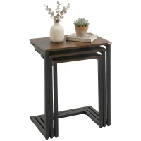 HOMCOM Nesting Coffee Table Set of 3, Stackable Rectangular End Tables with Wood-Effect Top, Metal Frame, Industrial & Rustic C-Shaped for Small Space, Living Room, Rustic Brown(m-15)