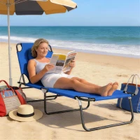 Outsunny Folding Chaise Lounge Chair, Reclining Beach Tanning Chair with Face Hole, Pillow, 4-Position Adjustable Lay Flat Sun Lounger, Steel Frame for Outdoor Patio Pool, Blue(m-9)