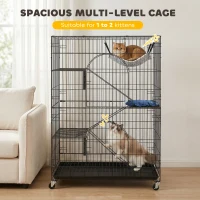 PawHut 4-Tier Cat Cage, Large Cat Enclosure with Lockable Wheels, Tray, Hammock, Bed, 3 Ramp, 3 Platforms for 3-5 Kittens(m-4)