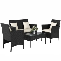 Outsunny 4-Piece Rattan Outdoor Furniture Set Patio Furniture Set with Coffee Table 22.8" W x 21.7" D x 33.5" H Black & Cream(m-9)