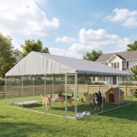 PawHut Heavy Duty Outdoor Dog Kennel with Waterproof Roof, Secure Latch, Chain Link Dog Run for Backyard, 19.7' x 19.7' x 8.9'(m-1)