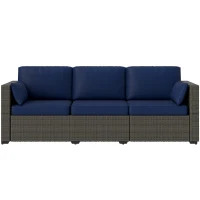 Outsunny 3-Seater Outdoor Sofa with Cushions, PE Rattan Conversation Patio Couch with Pillows for Garden, Poolside, Blue/Brown(m-2)