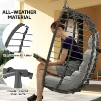 Outsunny Hanging Egg Chair with Stand, Foldable Wicker Rattan Swing Chair with Thick Cushion, Headrest, Light Grey(m-4)