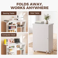HOMCOM Sewing Machine Cabinet, Folding Sewing Table with Storage Shelf, Bins and Lockable Wheels for Small Space, White(m-6)
