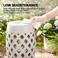 Outsunny 12.4" x 17.9" Ceramic Garden Stool with Woven Lattice Design, Indoor & Outdoor Decorative Accent Stool, White(m-7)