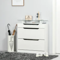 HOMCOM High Gloss Shoe Cabinet with 2 Flip Drawers and Adjustable Shelves, Narrow Shoe Storage Cabinet with Glass Top, White(m-9)