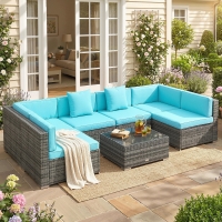 Outsunny 7 Pieces Outdoor Rattan Furniture Set, Patio Wicker Sectional Conversation Sofa Set, Blue