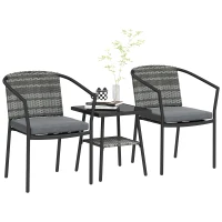 Outsunny Outdoor Bistro Set, 3 Piece Wicker Patio Furniture Set with Armchairs, 2-Tier Glass Table, Cushions, Dark Grey(m-9)