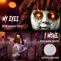 HOMCOM Halloween Animated Hanging Creepy Girl on Swing Decoration, Light-Up Eyes, Sound and Touch Activated(m-4)