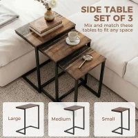 HOMCOM Nesting Coffee Table Set of 3, Stackable Rectangular End Tables with Wood-Effect Top, Metal Frame, Industrial & Rustic C-Shaped for Small Space, Living Room, Rustic Brown(m-4)