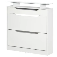 HOMCOM High Gloss Shoe Cabinet with 2 Flip Drawers and Adjustable Shelves, Narrow Shoe Storage Cabinet with Glass Top, White(m-2)