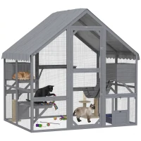 PawHut Large Catio Outdoor with Waterproof Cover, 2 Resting Boxes, 4 Platforms, Bridge, for 2-4 Kittens, Grey(m-9)