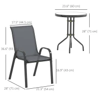 Outsunny 3 Pieces Bistro Set, Small Patio Furniture Set with Stackable Mesh Chairs, Glass Table for Garden, Balcony, Dark Grey(m-3)