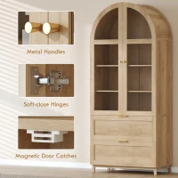 HOMCOM Arched Kitchen Pantry Cabinet, 71" Tall Farmhouse Kitchen Storage Cabinet with 2 Drawers, Acrylic Glass Doors, Oak(m-7)