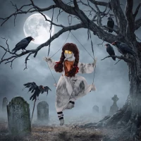 HOMCOM Halloween Animated Hanging Creepy Girl on Swing Decoration, Light-Up Eyes, Sound and Touch Activated(m-1)