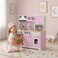 Qaba Play Kitchen, Kids Kitchen Playset with Coffee Maker, Ice Maker, Clicking Knobs, Storage, Accessories for 3-8 Years(m-2)