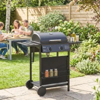 Outsunny 2 Burner Propane Gas Grill, 18000 BTU BBQ Grill with Wheels, Warming Rack, Shelf, Thermometer, Grease Cup, Black(m-9)