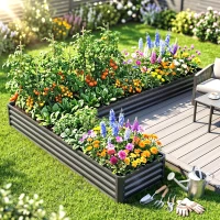 Outsunny L-Shaped Raised Garden Bed, 82" x 109" x 12" Galvanized Steel Planter Box with Multi-reinforced Rods for Vegetables, Flowers and Herbs, Dark Grey(m-8)