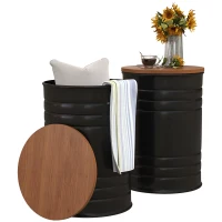 HOMCOM Round Storage Ottoman Set of 2, Nesting Ottomans with Wooden Lid, Metal Frame and Hidden Storage Space for Bedroom(m-11)