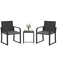 Outsunny Outdoor Bistro Set, 3 Piece Wicker Patio Furniture with Mesh Seat, Glass Table, Cushions for Porch, Balcony, Grey(m-9)