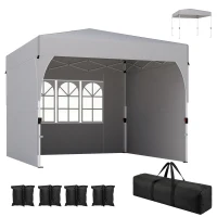 Outsunny 9.6 x 9.6 ft Pop Up Canopy Tent with 3 Sidewalls, UPF 50+ 1-Button Push Easy Setup Outdoor Instant Canopy, Light Grey(m-9)