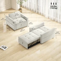 HOMCOM Convertible Chair Bed, Pull Out Sleeper Chair with USB, Adjustable Backrest, Small Velvet Futon Sofa Bed, Cream White(m-3)