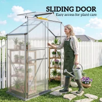 Outsunny 6' x 2.5' Walk-in Polycarbonate Greenhouse Aluminium Green House with Sliding Door, 5-Level Roof Vent, Rain Gutter(m-6)