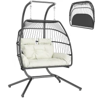 Outsunny Double Wicker Egg Swing Chair with Stand, Foldable Hanging Egg Chair with UV Resistant Cushion, Headrest, Cream White(m-13)