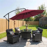 Outsunny 10' Deluxe Patio Umbrella, Outdoor Market Parasol, Banana Hanging Offset Sunshade with Crank, Cross Base, Wine Red(m-8)
