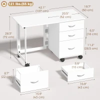 HOMCOM Computer Desk Foldable Top Office Desk 3 Drawers, 4 Lockable Wheels, White Wood Grain(m-3)