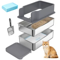 PawHut Stainless Steel Sifting Litter Box for Pine Pellets, Large Metal Litter Box with Sifter Tray, Metal Scoop, 10 Pee Pads(m-11)