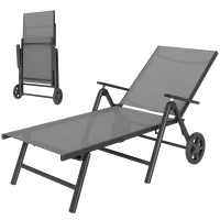 Outsunny Outdoor Lounge Chair, 5-Level Adjustable Folding Chaise Chair with 2 Wheels for Backyard, Beach, Poolside, Grey(m-2)