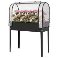 Outsunny Raised Garden Bed with Flip-Up Greenhouse Cover, Metal Elevated Garden Bed with Legs and Drainage Hole, Black(m-2)