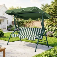 Outsunny Outdoor Porch Swing with Adjustable Canopy, 3-Seater Patio Swing Chair with Cushion, Green(m-1)