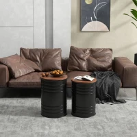 HOMCOM Round Storage Ottoman Set of 2, Nesting Ottomans with Wooden Lid, Metal Frame and Hidden Storage Space for Bedroom(m-7)