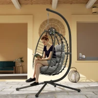 Outsunny Hanging Egg Chair with Stand, Foldable Wicker Rattan Swing Chair with Thick Cushion, Headrest, Light Grey(m-8)