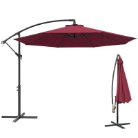 Outsunny 10' Deluxe Patio Umbrella, Outdoor Market Parasol, Banana Hanging Offset Sunshade with Crank, Cross Base, Wine Red(m-2)
