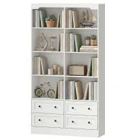 HOMCOM Bookshelf with 8 Cubbies and 4 Drawers, 5-Tier Double Wide Bookcase with Storage, Standing Book Cabinet, White(m-2)