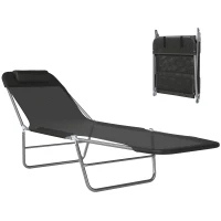 Outsunny Outdoor Lounge Chair, Portable Adjustable Reclining Seat Folding Chaise Lounge Patio Camping Beach Tanning Chair Bed with Pillow, Black(m-2)