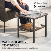 Outsunny Wicker Bistro Set, 3 Piece Patio Furniture Set with 2-Tier Glass Top Table, Cushions for Balcony, Porch, Khaki(m-7)