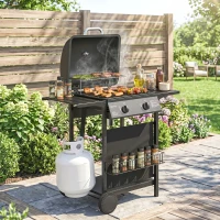 Outsunny 2 Burner Propane Gas Grill, 18000 BTU BBQ Grill with Wheels, Warming Rack, Shelf, Thermometer, Grease Cup, Black(m-8)