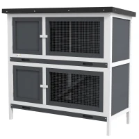 PawHut Wood Rabbit Hutch with 2 Large Main House, Ramp, Trays, Grey(m-2)