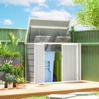Outsunny 41 Cu. Ft. Outdoor Storage Shed, Outdoor Horizontal Trash Can Storage with Chain Lid, Lockable Storage Box, Light Grey(m-1)