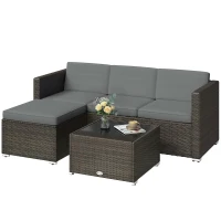 Outsunny 3 Pieces Patio Furniture Set with Cushions, Outdoor PE Rattan Wicker Conversation Corner Sofa Set with Glass Top Table(m-2)