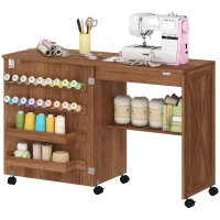 HOMCOM Sewing Machine Table on Wheels, Folding Craft Table with 2 Bins, Storage Shelf, 18 Pegs, Lockable Wheels, Brown(m-2)