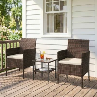 Outsunny Wicker Bistro Set, 3 Piece Patio Furniture Set with 2-Tier Glass Top Table, Cushions for Balcony, Porch, Khaki(m-8)
