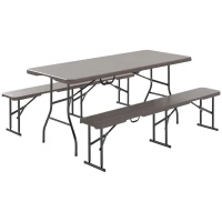 Outsunny 6FT 3PCS Faux Rattan Outdoor Camping Table Bench Set with Carrying Handles, Folding Picnic Table with 2 Benches, Brown(m-9)